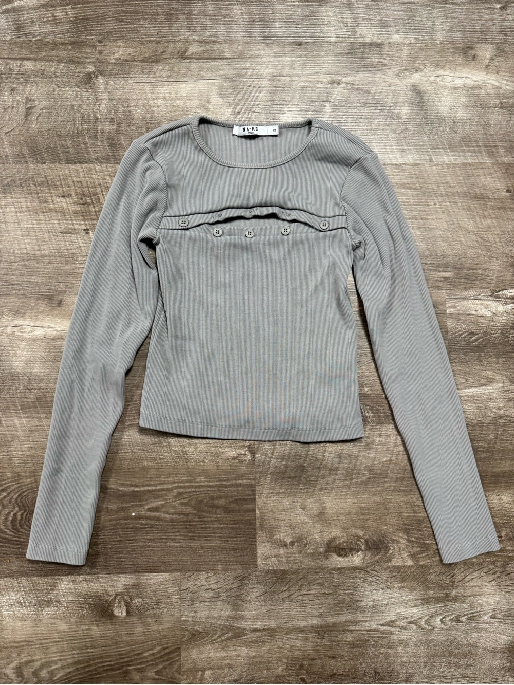 NA-KD Grey Ribbed Long Sleeve Shirt Size XS